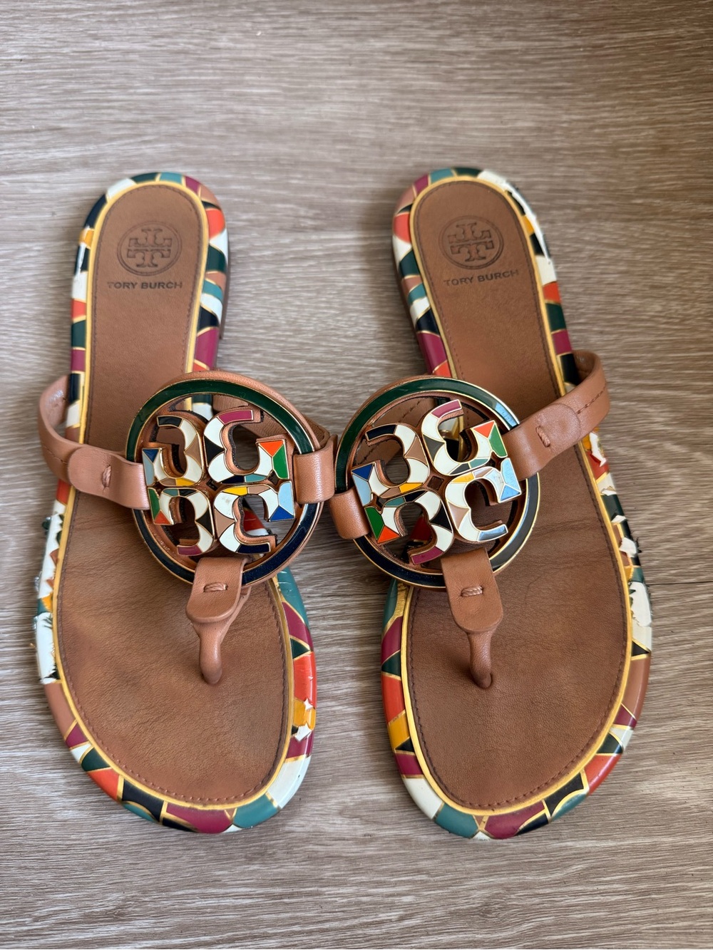 Tory Burch Tan Leather Logo Thong Sandals with Multicolor Trim